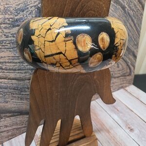 Chunky Black Tan Crackle Bangle Bracelet Wide Statement Retro Acrylic Size 8